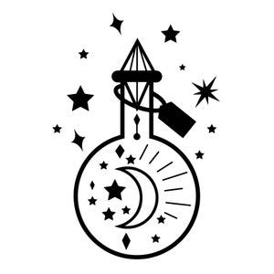 Peut inclure: Illustration en noir et blanc d'une fiole de potion avec une lune croissante et des &eacute;toiles &agrave; l'int&eacute;rieur. La fiole a un bouchon en forme de diamant et une &eacute;tiquette qui pend.