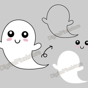 May include: A black and white illustration of a ghost with a cute face. The ghost has large eyes, a small mouth, and rosy cheeks. The ghost is floating in the air.