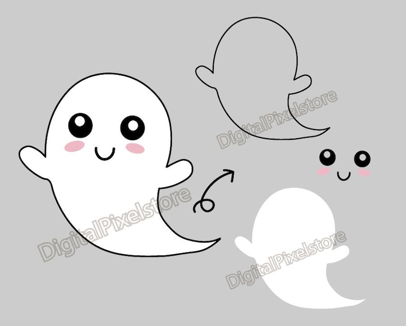 May include: A black and white illustration of a ghost with a cute face. The ghost has large eyes, a small mouth, and rosy cheeks. The ghost is floating in the air.