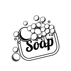 Pu&ograve; includere: Illustrazione in bianco e nero di un sapone con la scritta "Soap" su di esso. Il sapone &egrave; circondato da bolle.