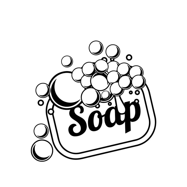 Pu&ograve; includere: Illustrazione in bianco e nero di un sapone con la scritta "Soap" su di esso. Il sapone &egrave; circondato da bolle.