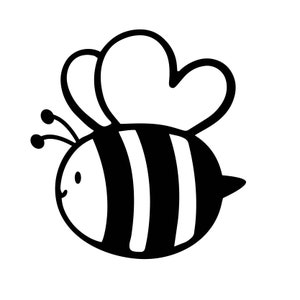 Op de afbeelding: Zwart-witte illustratie van een cartoon-bij met een hartvormig hoofd en gestreept lichaam.