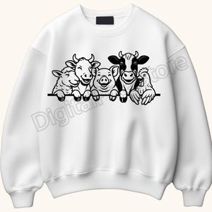 May include: White sweatshirt with a black and white illustration of a sheep, cow, pig, cow, and chicken. The farm animals are smiling and looking over a black line. The sweatshirt has a crew neck and long sleeves.