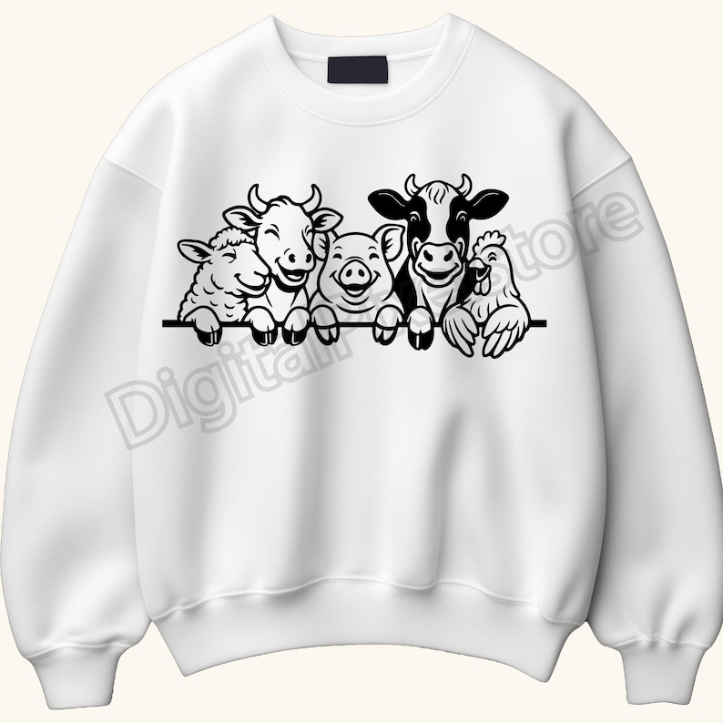 May include: White sweatshirt with a black and white illustration of a sheep, cow, pig, cow, and chicken. The farm animals are smiling and looking over a black line. The sweatshirt has a crew neck and long sleeves.