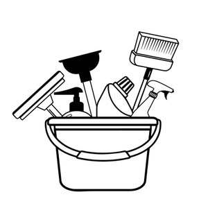 Pu&ograve; includere: Un disegno in bianco e nero di un secchio pieno di prodotti per la pulizia. I prodotti includono uno sturalavandini, uno spruzzino, una spatola, una bottiglia di liquido e uno spazzolone.