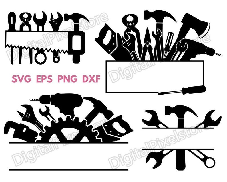 May include: Black and white silhouette of various tools, including a hammer, wrench, screwdriver, and saw. The tools are arranged in a circle around a gear. The text "SVG EPS PNG DXF" is at the bottom of the image.
