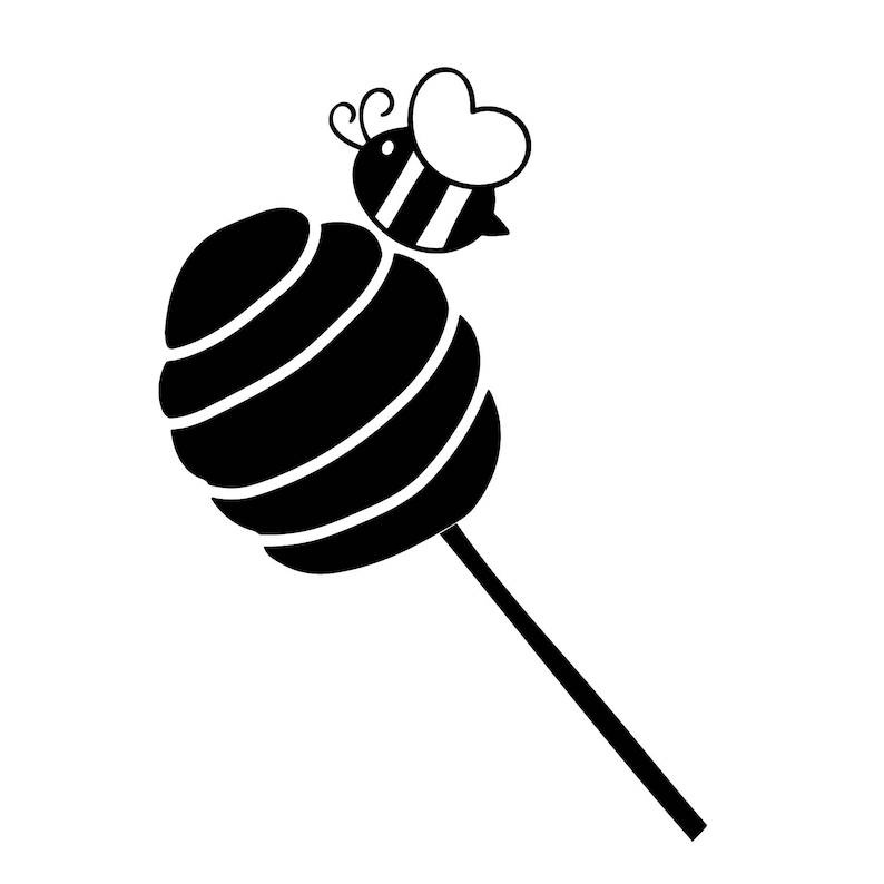 Op de afbeelding: Zwart-witte illustratie van een honingraatlolly met een bij erop. De bij heeft een hartvormig lichaam en gestreepte vleugels.