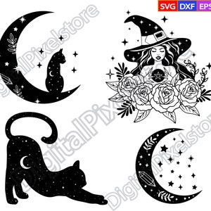 May include: A set of four black and white digital illustrations featuring a witch with a crystal ball, a cat sitting on a crescent moon, a cat stretching, and a crescent moon with stars.
