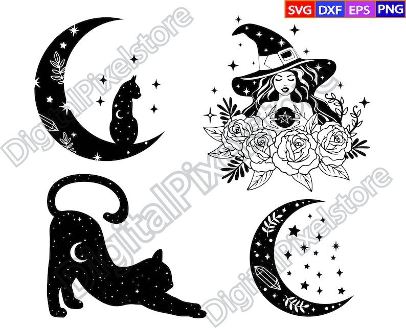 May include: A set of four black and white digital illustrations featuring a witch with a crystal ball, a cat sitting on a crescent moon, a cat stretching, and a crescent moon with stars.