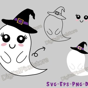 May include: A cute cartoon ghost wearing a black witch hat with a purple band and a yellow buckle. The ghost has big eyes, rosy cheeks, and a happy smile. The ghost is flying with a small arrow pointing to the right.