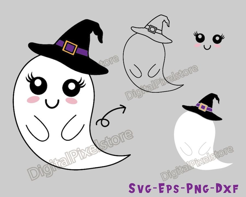 May include: A cute cartoon ghost wearing a black witch hat with a purple band and a yellow buckle. The ghost has big eyes, rosy cheeks, and a happy smile. The ghost is flying with a small arrow pointing to the right.