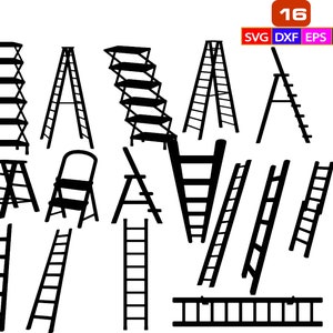 May include: A collection of 16 black ladder silhouettes in various designs, including step ladders, extension ladders, and shelf ladders. The image includes the text "16" in a red box, along with the file type abbreviations: SVG, DXF, EPS, and PNG.