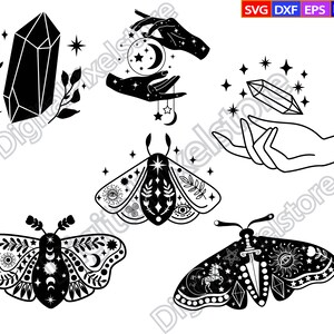 May include: Black and white vector illustrations of a crystal, a hand holding a crescent moon, a hand holding a crystal, and two moths with intricate designs. The moths have celestial and nature-inspired details.