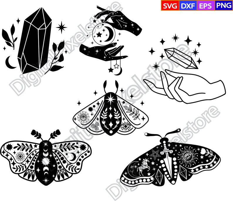 May include: Black and white vector illustrations of a crystal, a hand holding a crescent moon, a hand holding a crystal, and two moths with intricate designs. The moths have celestial and nature-inspired details.