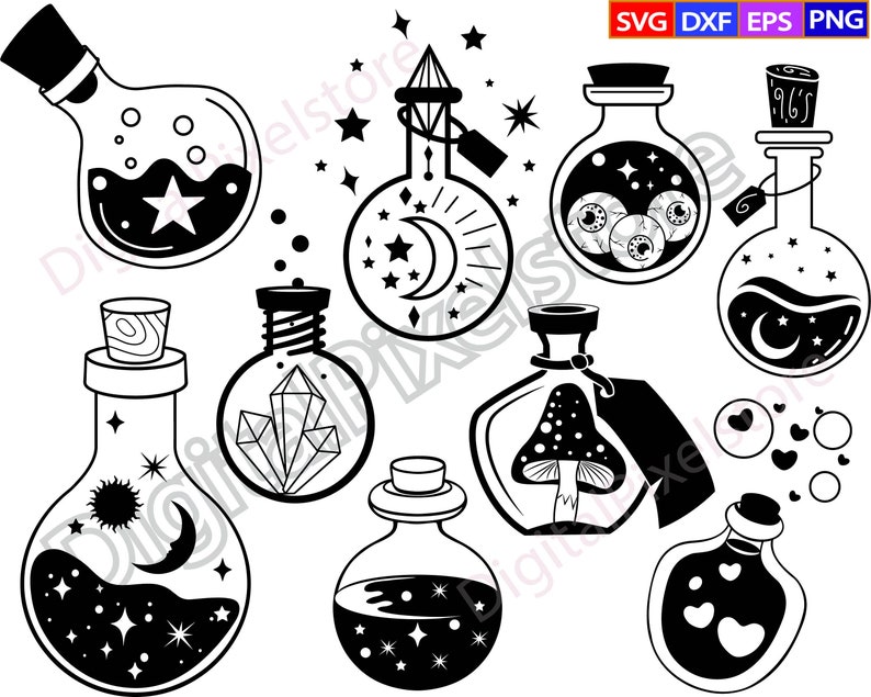 Peut inclure: Un ensemble de neuf illustrations en noir et blanc de flacons de potion avec divers &eacute;l&eacute;ments magiques, notamment des &eacute;toiles, des lunes, des cristaux, des yeux et des c&oelig;urs.