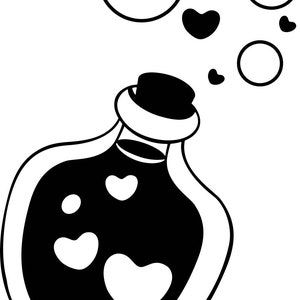 Peut inclure: Une illustration en noir et blanc d'une bouteille avec un bouchon en li&egrave;ge. La bouteille est remplie d'un liquide fonc&eacute; et des c&oelig;urs blancs flottent hors de celle-ci. Les c&oelig;urs sont entour&eacute;s de cercles blancs.