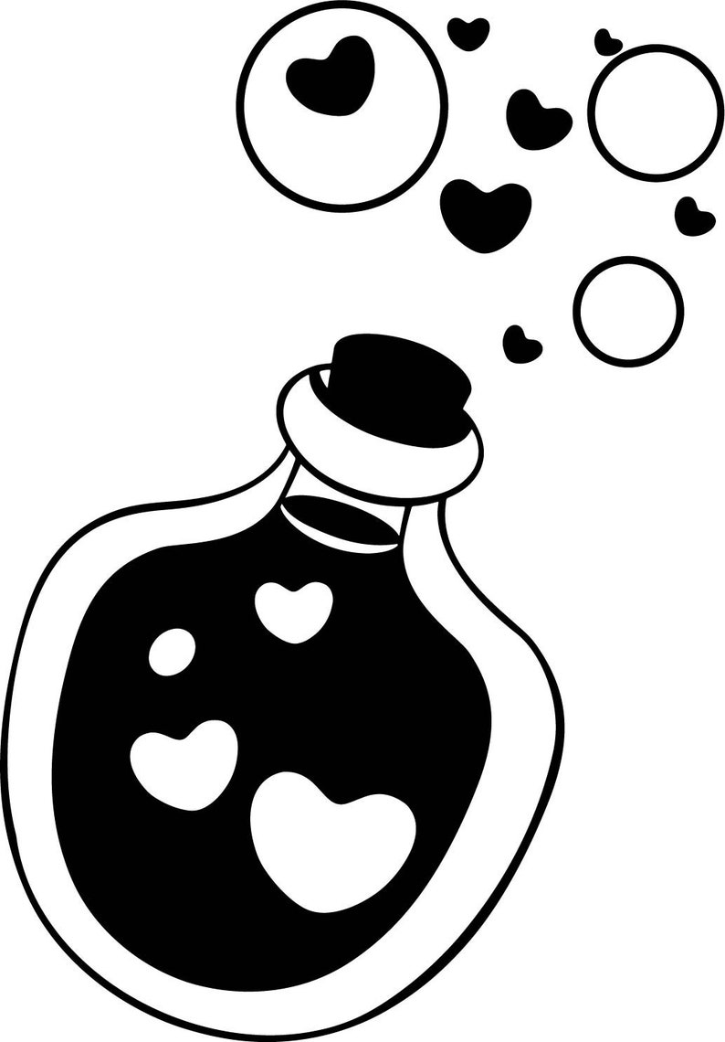 Peut inclure: Une illustration en noir et blanc d'une bouteille avec un bouchon en li&egrave;ge. La bouteille est remplie d'un liquide fonc&eacute; et des c&oelig;urs blancs flottent hors de celle-ci. Les c&oelig;urs sont entour&eacute;s de cercles blancs.