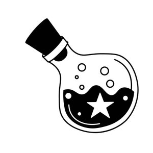 Peut inclure: Une illustration en noir et blanc d'une bouteille en verre avec un bouchon en li&egrave;ge. La bouteille est remplie d'un liquide fonc&eacute; et contient une &eacute;toile &agrave; l'int&eacute;rieur. Il y a de petits cercles autour de l'&eacute;toile, repr&eacute;sentant des bulles.