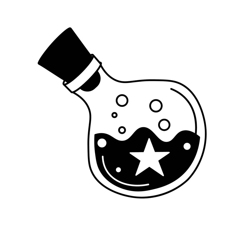 Peut inclure: Une illustration en noir et blanc d'une bouteille en verre avec un bouchon en li&egrave;ge. La bouteille est remplie d'un liquide fonc&eacute; et contient une &eacute;toile &agrave; l'int&eacute;rieur. Il y a de petits cercles autour de l'&eacute;toile, repr&eacute;sentant des bulles.