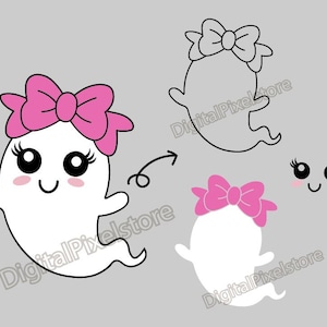 May include: A cute cartoon ghost with a pink bow, big eyes, and a happy expression. The ghost is white and has a flowing tail.