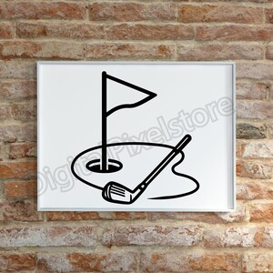 May include: Black and white line art illustration of a golf course scene. The image features a golf hole with a flag, a golf club, and a stylized outline of the green. The artwork is framed in a white border.