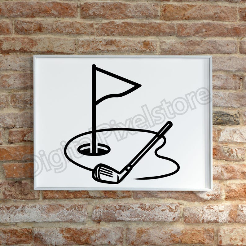 May include: Black and white line art illustration of a golf course scene. The image features a golf hole with a flag, a golf club, and a stylized outline of the green. The artwork is framed in a white border.