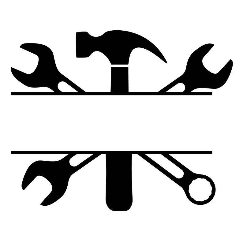 K&ouml;nnte beinhalten: Schwarze und wei&szlig;e Silhouette eines Hammers und zweier Schraubenschl&uuml;ssel, die ein geteiltes Monogramm bilden. Die Werkzeuge sind &uuml;bereinander gekreuzt, der Hammer in der Mitte und die Schraubenschl&uuml;ssel an beiden Seiten.