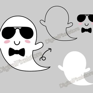 May include: A white ghost with black sunglasses and a black bow tie. The ghost has pink cheeks and a happy expression. There are two other ghosts in the image, one is a white outline and the other is a gray outline.