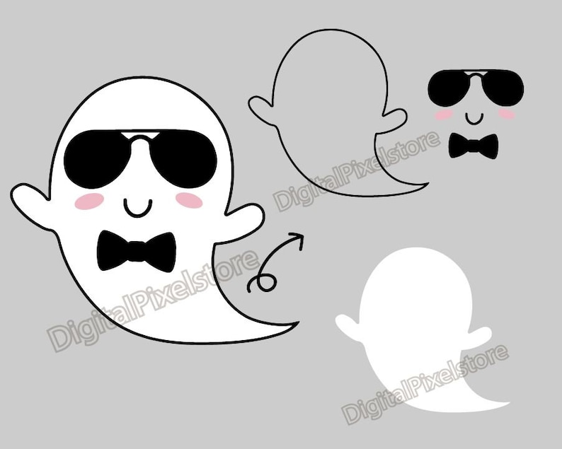 May include: A white ghost with black sunglasses and a black bow tie. The ghost has pink cheeks and a happy expression. There are two other ghosts in the image, one is a white outline and the other is a gray outline.