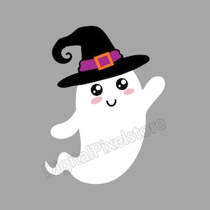 May include: A white ghost wearing a black witch hat with a purple and orange band. The ghost has big eyes and a smiling mouth.