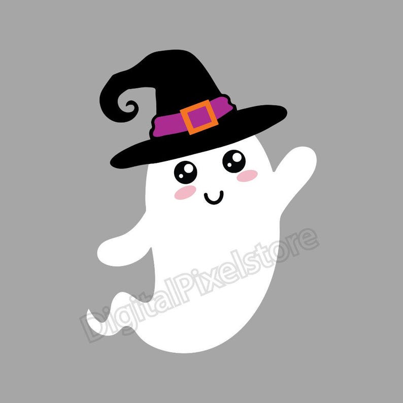 May include: A white ghost wearing a black witch hat with a purple and orange band. The ghost has big eyes and a smiling mouth.