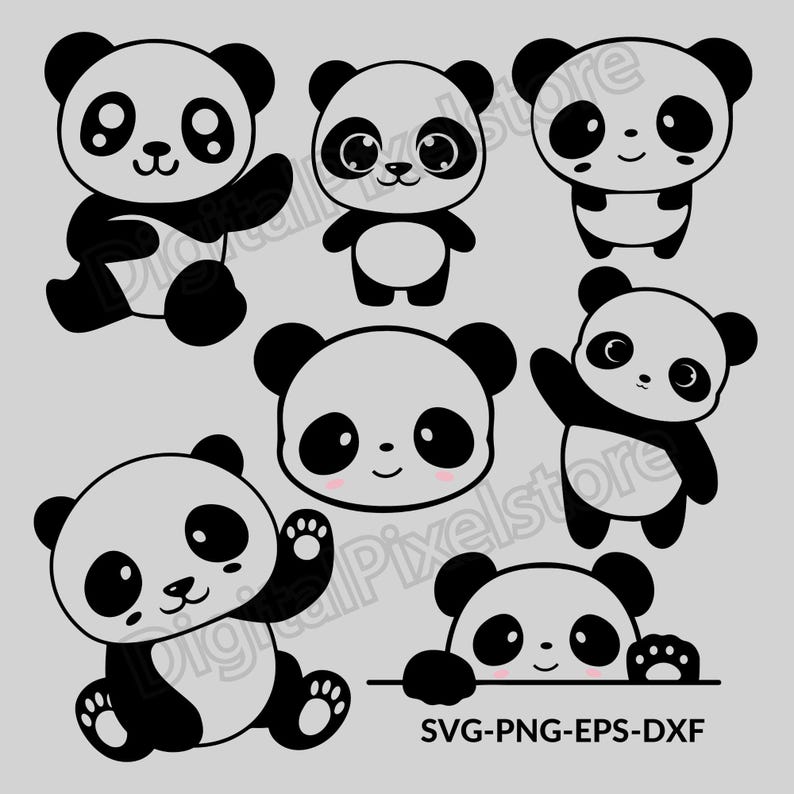 May include: Set of seven black and white panda bear illustrations. The pandas are in various poses, including sitting, standing, and peeking out from behind a surface. The text "SVG-PNG-EPS-DXF" is at the bottom of the image.