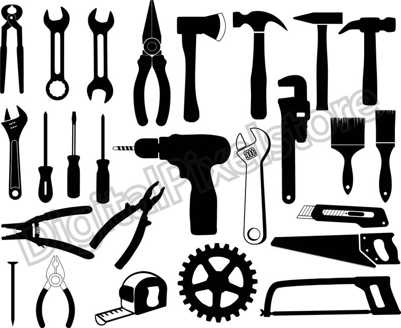 K&ouml;nnte beinhalten: Eine Schwarzwei&szlig;illustration eines Werkzeugsets, bestehend aus Hammer, Schraubenschl&uuml;ssel, Schraubendreher, Zange, S&auml;ge und Pinsel.