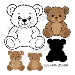 Peut inclure: Plusieurs illustrations d'ours en peluche dans différents styles. Comprend un contour noir et blanc, une silhouette noire unie et plusieurs ours en peluche bruns avec des nuances et des détails variés. Le texte "SVG-PNG-EPS-DXF" est visible.