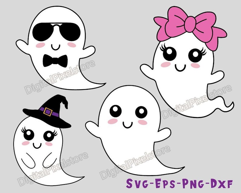 May include: Four cute cartoon ghosts with different expressions. One ghost is wearing sunglasses, another is wearing a witch's hat, another is wearing a pink bow, and the last one is smiling.
