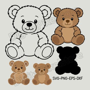 May include: A collection of teddy bear illustrations in various styles. Includes a black and white outline, a fully colored brown bear, a silhouette, and two other brown bears. The text "SVG-PNG-EPS-DXF" is at the bottom.