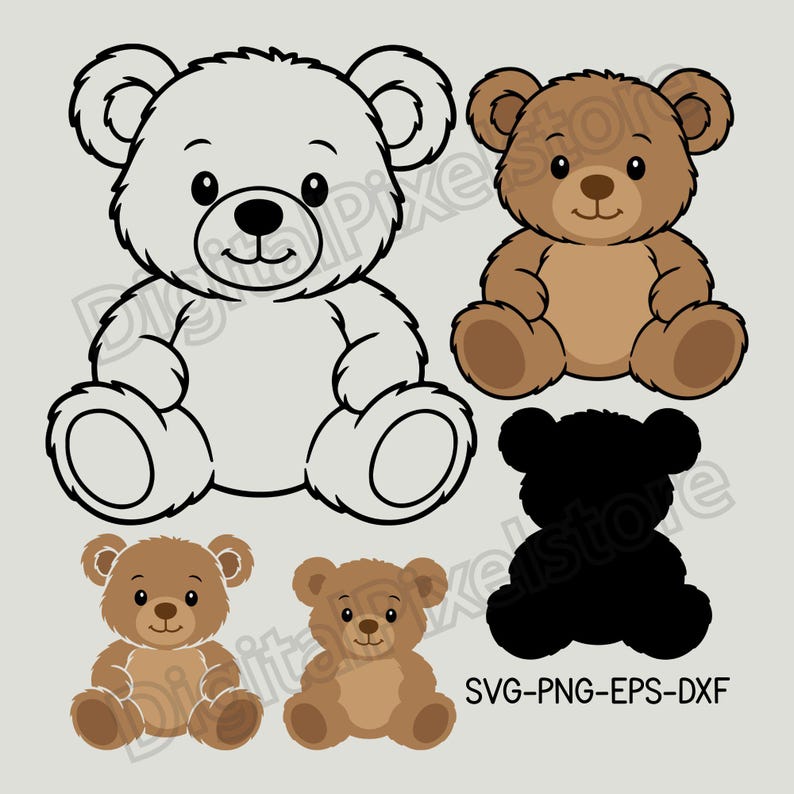 May include: A collection of teddy bear illustrations in various styles. Includes a black and white outline, a fully colored brown bear, a silhouette, and two other brown bears. The text "SVG-PNG-EPS-DXF" is at the bottom.