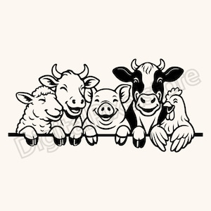 May include: A black and white illustration featuring a sheep, two cows, a pig, and a chicken, all smiling. They are arranged together, appearing to peek over a line. A charming design suitable for farm-related items.