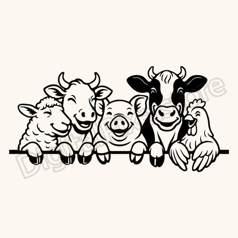 May include: A black and white illustration featuring a sheep, two cows, a pig, and a chicken, all smiling. They are arranged together, appearing to peek over a line. A charming design suitable for farm-related items.