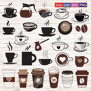 Könnte beinhalten: Ein Set mit 20 schwarzen und weißen SVG-Schneidedateien für Kaffeetassen und Kaffeekannen. Die Designs umfassen verschiedene Kaffeetassen, Becher und eine Kaffeekanne.
