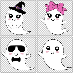 May include: Four cartoon ghost illustrations. One ghost wears a witch's hat, another wears a pink bow, one wears sunglasses and a bow tie, and the last ghost has no accessories.