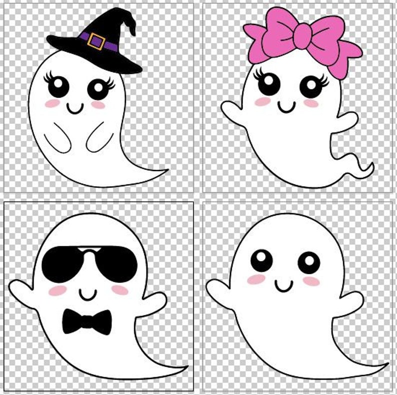 May include: Four cartoon ghost illustrations. One ghost wears a witch's hat, another wears a pink bow, one wears sunglasses and a bow tie, and the last ghost has no accessories.