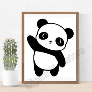 May include: Black and white illustration of a cute cartoon panda bear with big eyes and a friendly expression. The panda is waving with its left paw.