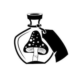 Peut inclure: Illustration en noir et blanc d'une bouteille en verre avec un bouchon en li&egrave;ge contenant un champignon &agrave; points blancs. La bouteille est munie d'une &eacute;tiquette.