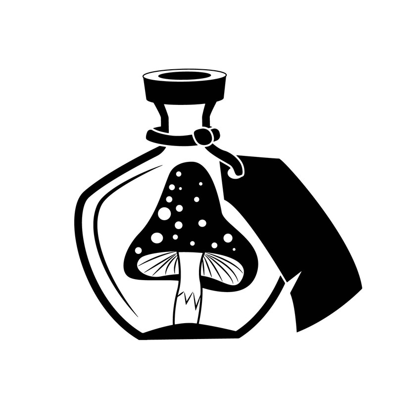 Peut inclure: Illustration en noir et blanc d'une bouteille en verre avec un bouchon en li&egrave;ge contenant un champignon &agrave; points blancs. La bouteille est munie d'une &eacute;tiquette.