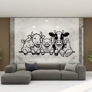 May include: Black metal wall art depicting a sheep, two cows, a pig, and a chicken. The farm animals are smiling and peeking over a horizontal line. The artwork is mounted on a marble-effect wall.