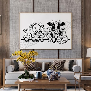 May include: A framed black and white wall art piece featuring a sheep, cow, pig, cow, and chicken. The animals are smiling and appear to be peeking over a line. The artwork is displayed above a sofa.