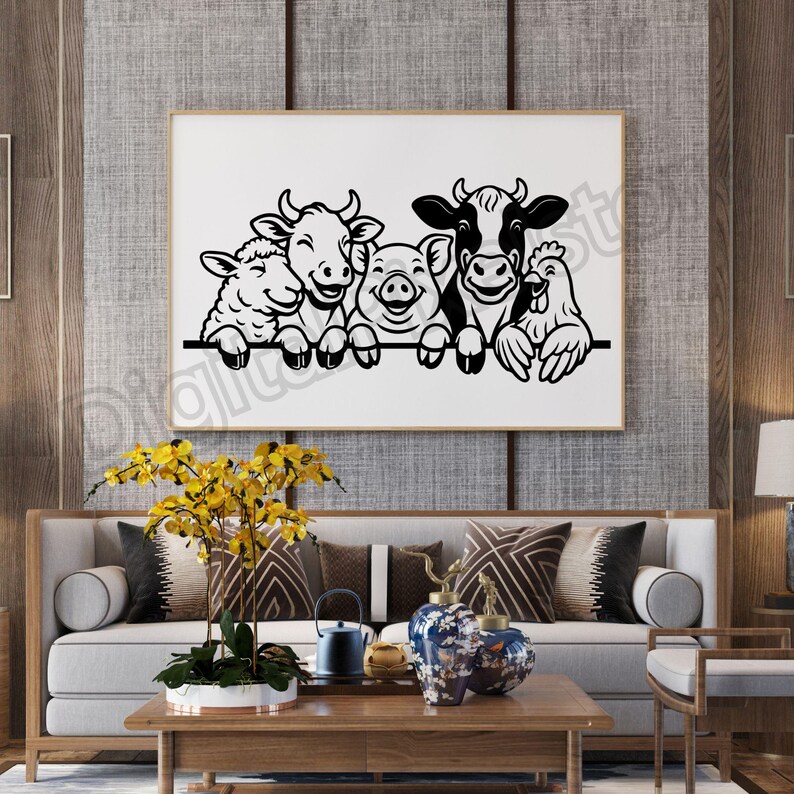 May include: A framed black and white wall art piece featuring a sheep, cow, pig, cow, and chicken. The animals are smiling and appear to be peeking over a line. The artwork is displayed above a sofa.