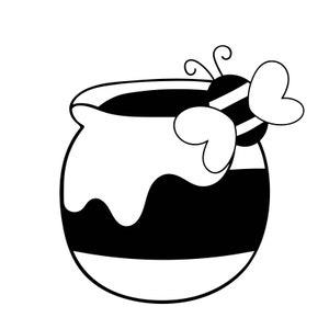 Op de afbeelding: Zwart-witte illustratie van een honingpot met een druppelend honingontwerp en een bij met hartvormige vleugels erop.