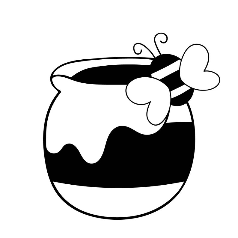 Op de afbeelding: Zwart-witte illustratie van een honingpot met een druppelend honingontwerp en een bij met hartvormige vleugels erop.